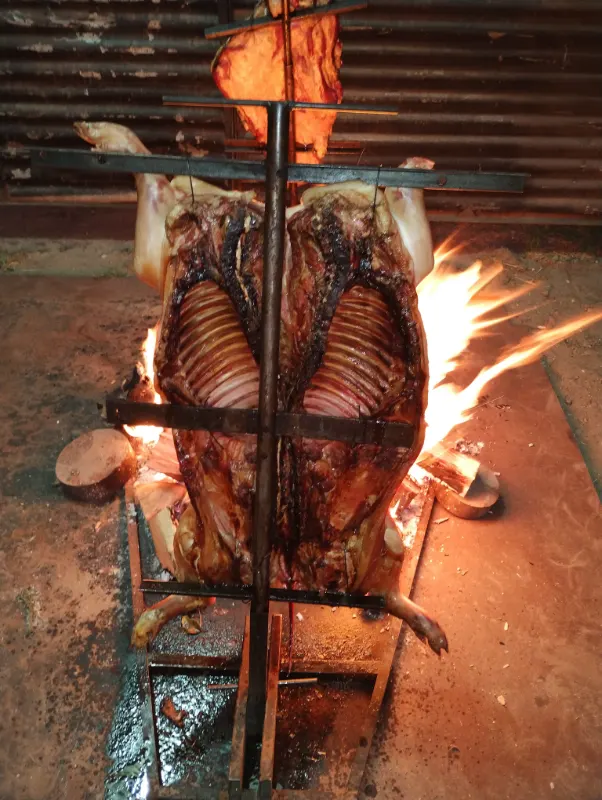 Lechón a la estaca, en hierro con forma de cruz, junto al fuego