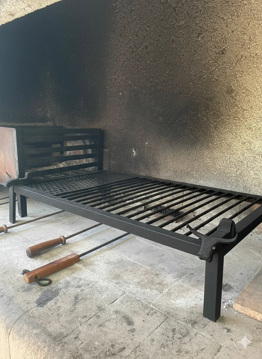 Parrilla artesanal de hierro instalada en un quincho